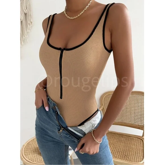 Tan Bodysuit Contrast Black Binding Trim Fitted Nude Beige Camel Ribbed Zip - Picture 5 of 7